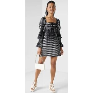 Miss Selfridge Polka Dot Mini Dress Black White Square Neck Smocked US 4 UK 8
